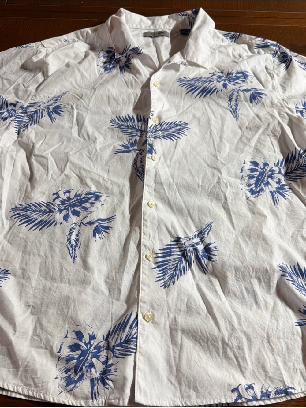 Men's White Short-Sleeve Palm Print Button-Down Shirt - Blue Print